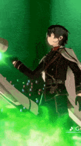 a video game character is standing in front of a green glow