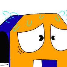 a cartoon drawing of an orange and blue object with a surprised look on its face