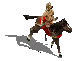 a man riding a horse with a red saddle on a white background