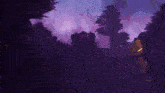 a purple background with a few trees and a robot in the foreground