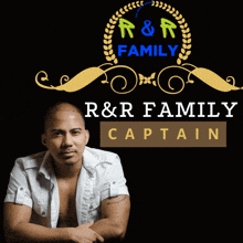 a man is sitting in front of a r & r family logo