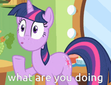 twilight sparkle from my little pony is standing in front of a mirror with the words what are you doing below her