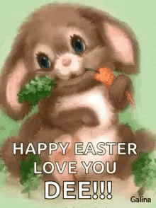 a bunny is holding a carrot in its mouth and says `` happy easter love you dee '' .