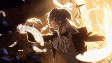 a man with long hair is holding a feather and a baton