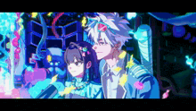 a boy and a girl are standing next to each other in front of a neon background .