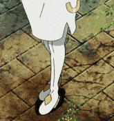 a cartoon character is standing on a brick sidewalk wearing white tights and white shoes