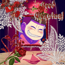 a picture of a smiling anime character with the words good morning written above it