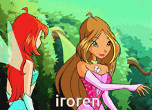 a cartoon of two girls standing next to each other with the word iroren on the bottom right