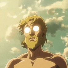 a man with a beard and glowing eyes stands in front of a cloudy sky .
