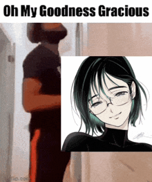 a man with a beard is standing next to a picture of a girl with green hair