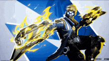 a video game character is holding a sword and a flame coming out of his arm