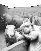 a black and white drawing of a pig and a sheep looking at each other