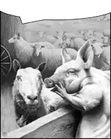 a black and white drawing of a pig and a sheep looking at each other