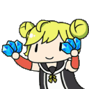 a cartoon girl with blonde hair is holding two blue diamonds in her hands .