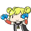 a cartoon girl with blonde hair is holding two blue diamonds in her hands .