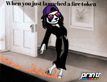 a panda wearing sunglasses and a purple hat is walking on a fire