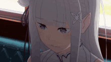 a girl with white hair and purple eyes has a flower on her hair
