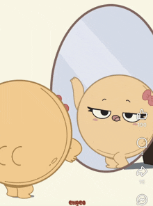 a cartoon character is looking at himself in a mirror with a thumbs up