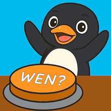 a penguin is pushing an orange button that says wen
