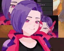 a cartoon girl with purple hair and red eyes is smiling in front of a screen that says tech