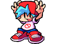a cartoon character with blue hair and a red hat is standing with his hands up .