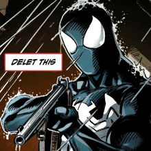 a comic book character holding a gun with a delet this sign above him