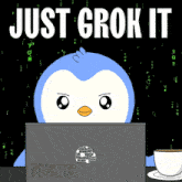 a penguin is sitting in front of a laptop that says pengu on it