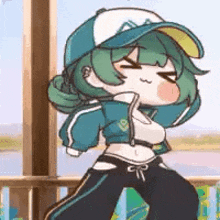 a cartoon girl wearing a baseball cap and a jacket is standing next to a railing .