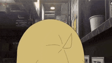 a cartoon character is standing in a dark alleyway with a yellow ball .