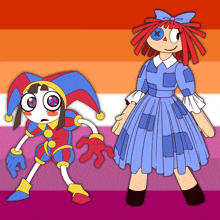 a cartoon drawing of a jester and a doll