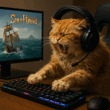 a cat wearing headphones is typing on a keyboard in front of a computer monitor that says sea of thieves