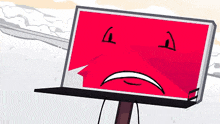 a cartoon billboard with a sad red face on it