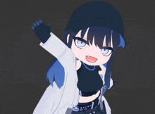 a drawing of a girl wearing a black hat and a white coat with a belt that says ' scifi ' on it