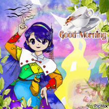 a picture of a girl and a cup of coffee with the words good morning