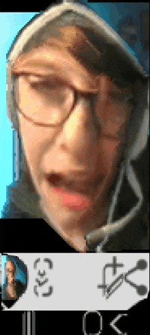 a close up of a person wearing glasses and a hat