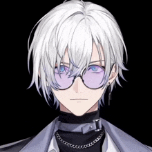 a boy with white hair and purple eyes wearing glasses