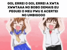 a couple of anime girls standing next to each other with their hands in the air .