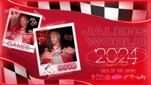 a red and white checkered background with the words jalens world 2024