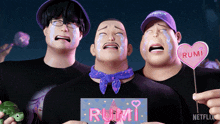 three cartoon characters are crying while holding a card that says rumi