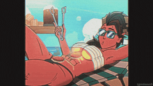 a cartoon of a woman laying on a beach holding tongs