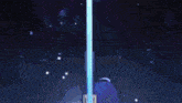 a girl is holding a large blue sword in her hand .