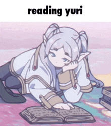 a cartoon of a girl reading a book .
