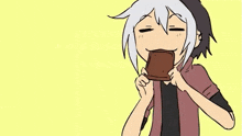 two cartoon characters are sitting at a table with a plate of food and a drink