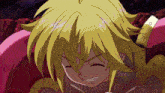 a close up of a cartoon character with blonde hair and gold armor