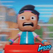 a cartoon character is riding a roller coaster with mojo swoptops written on the side