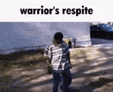 a man in a striped shirt is walking down a dirt road with the words warrior 's respite below him