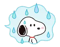 a cartoon of snoopy with a speech bubble and rain drops