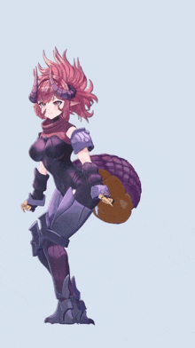 a girl with horns and a purple tail is standing in front of a white background