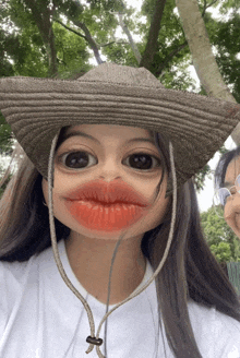 a girl wearing a straw hat with a fake mouth