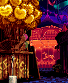 a pixel art scene with a carousel and balloons and a sign that says ' shack '